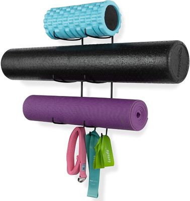 Estante de Mat Foam Roller Towel Storage de la yoga del soporte de la pared con 3 ganchos