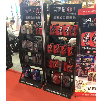 Soporte de exhibición personalizado, estantes de exhibición de aceite de motor de metal automático, estante de exhibición de aceite de motor Mobil one, estante de almacenamiento